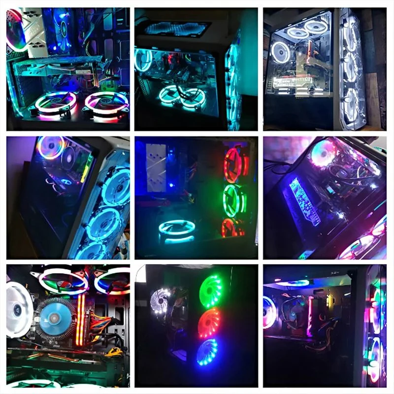 พัดลมเคสคอมพิวเตอร์เรืองแสงสองด้านออโรร่าขนาด 12 ซม. ไฟ LED สีเงียบและเย็นพัดลมระบายความร้อน RGB