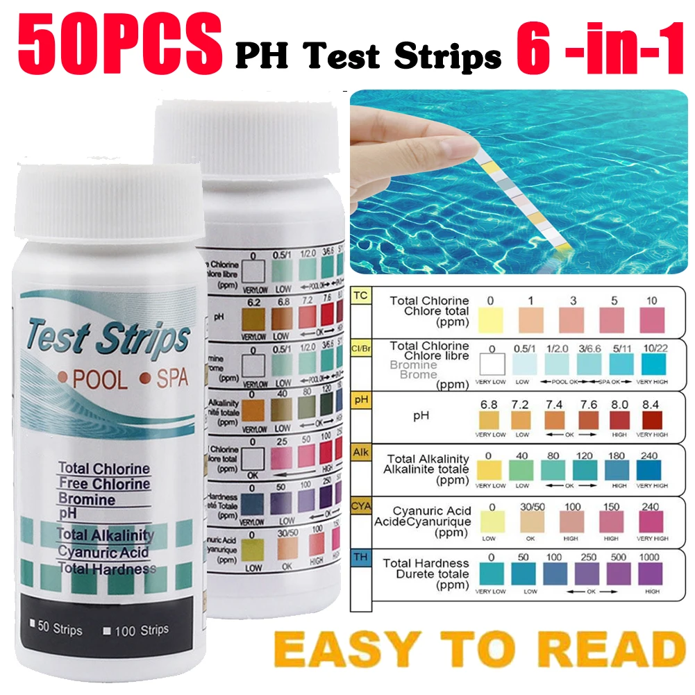 50pcs 6-in-1 PH Test Strips Water Quality Test Paper Strip Residual Chlorine Value Alkalinity Hardness Tester For Swimming Pool