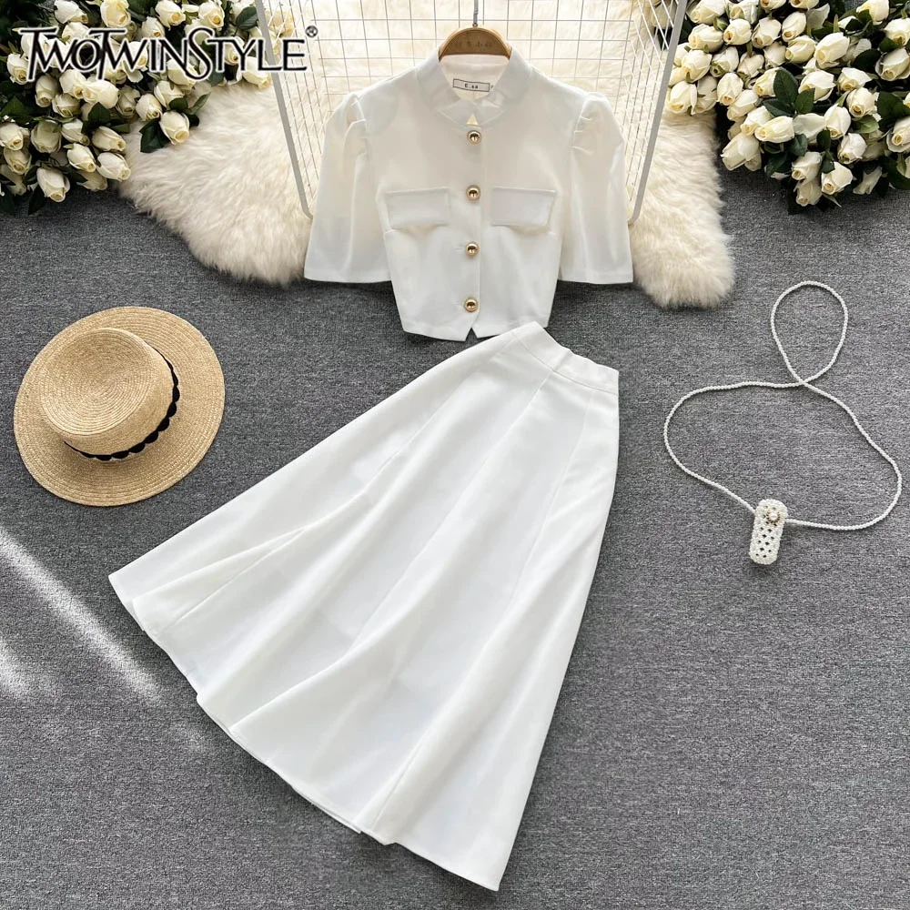 TWOTWINSTYLE Solid Elegant Two Piece Set For Women O Neck Short Sleeve Tops High Waist A Line Skirt Chic Set Female KSE522450