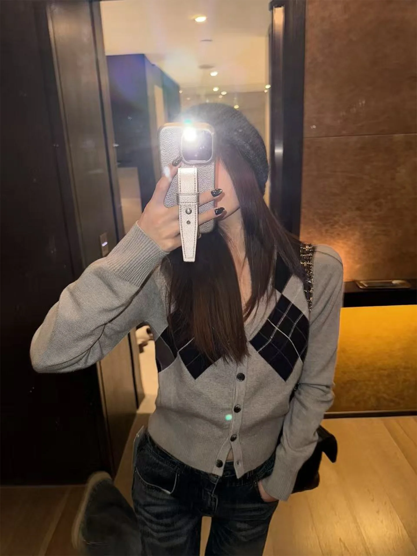 

Nordic ey Vintage Knitted V-Ne Slim Fit Base Layer Top YOLO OP Casual Sle Long Sve Diamond Pattern Button up Cardigan