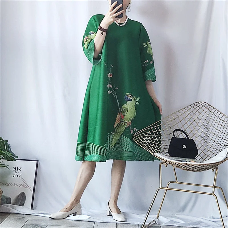 Long Dresses Evening Dresses Summer Pleated Retro Temperament Plus Size Loose Pleated Skirt Palace Flower-and-Bird Print Dress