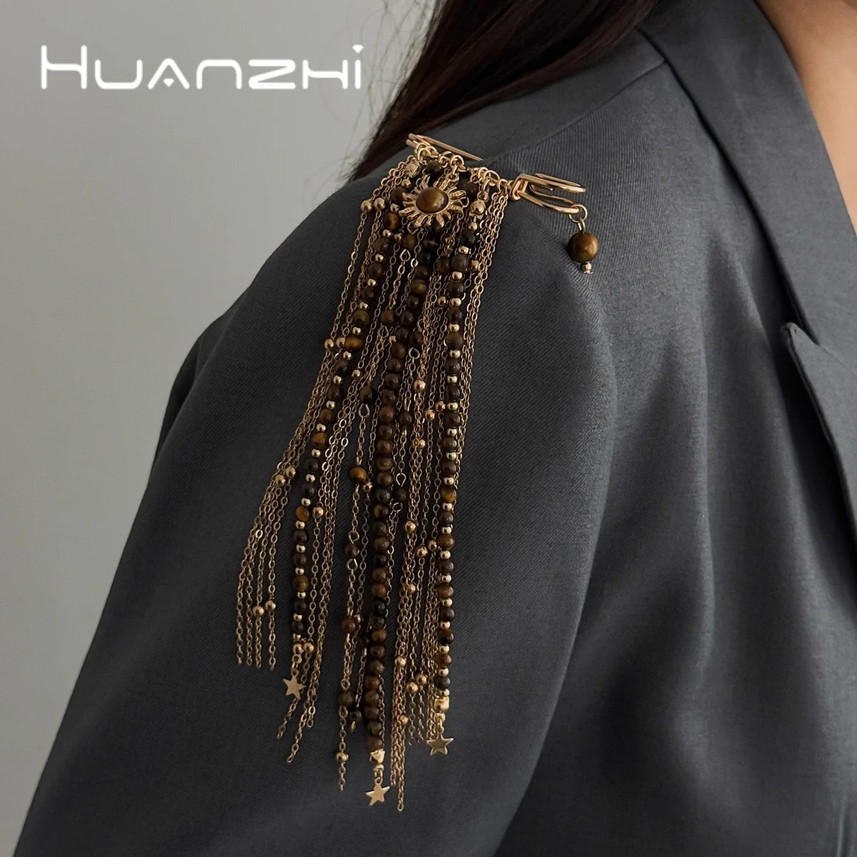 HangZhi Edgy Tassel Chain Brooch Pin Punk Rock Style Tiger Eye Sunflower Star Charm Trendy Lightweight Statement Women Jewelry