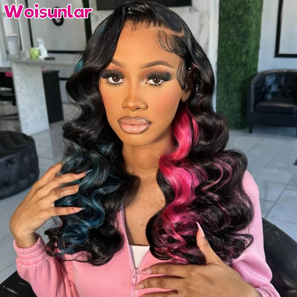 

Ombre black pink and blue lace Front Human Hair Wigs Body wave 200% For women 13x6 Transparent Lace Front Human hair wig 100%