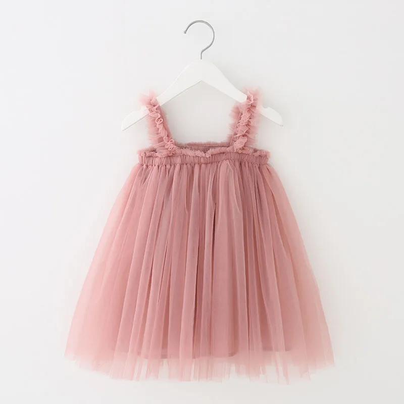 2024 New Summer Little Girls Suspender Princess Dress 8 Colors Elegant Ruffles Solid Color Mesh Dress 9M-6T