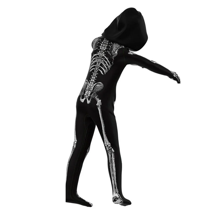 Kids Scary Grim Reaper Jumpsuit Black Hooded Costume Halloween Horror Skeleton Cosplay Boys Ghost Mardi Gras Party Dress Up