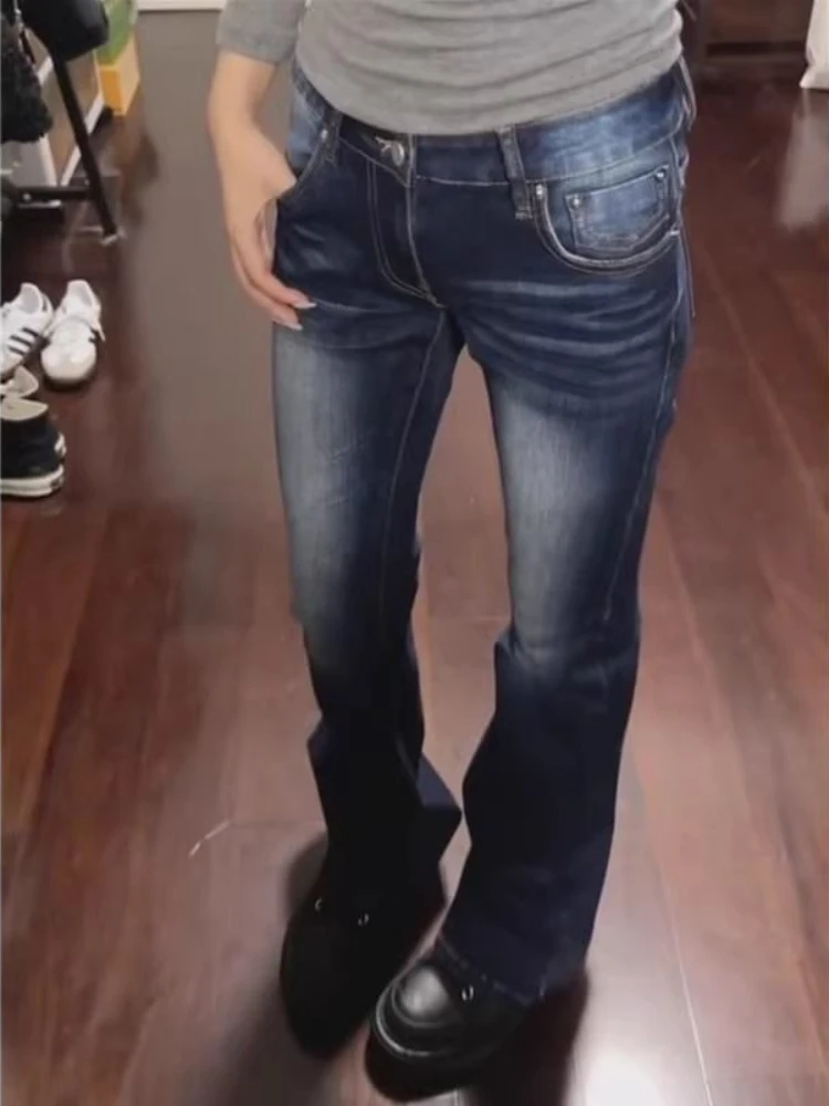 

Deeptown Y2k винтажные женские расклешенные джинсы с низкой талией, базовые потертые джинсовые брюки в американском стиле 2000-х годов, узкие уличные брюки Gyaru