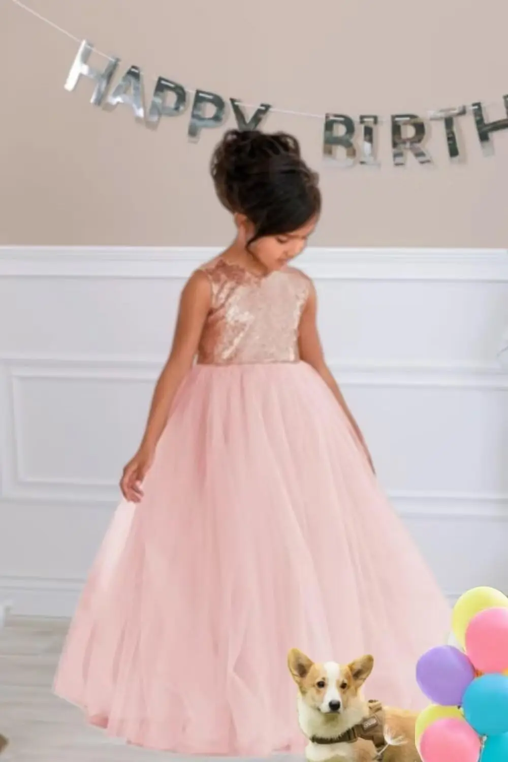 Vestidos de princesa para niña, vestidos de boda de tul con lentejuelas, vestido de primera comunión con cuello redondo, vestido de desfile para niña, vestido de baile Formal