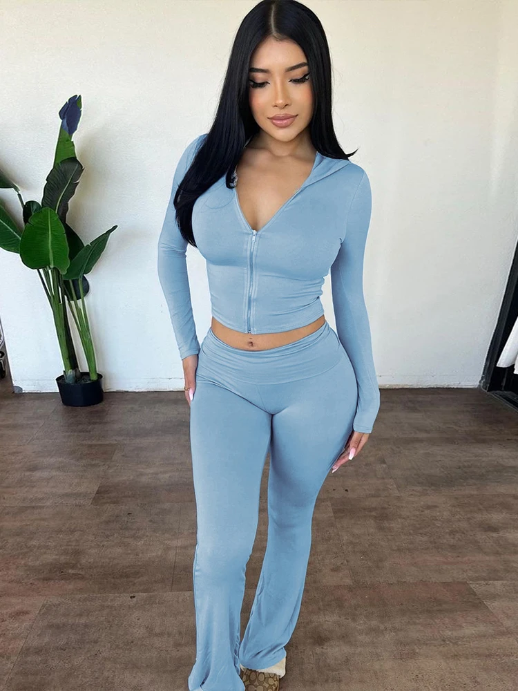 

InGrily Sporty 2 Piece Set Women Tracksuit Zip Hooded Jacket+Flare Pants Activity Matching Classic Simple Outfits Streetwear