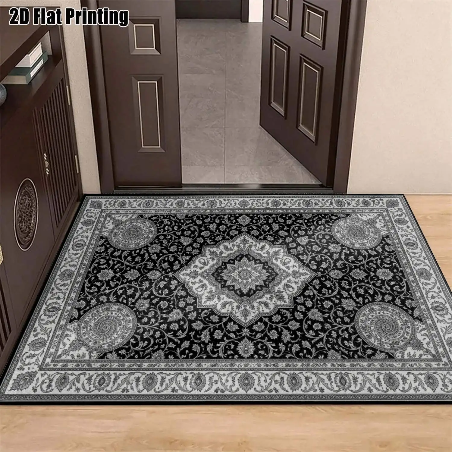 1Pc 2D Printed Carpet with Black & Gray Retro Patterns: European-Style, Geometric Retro Floor Mat, Home Decor, Multiple Sizes, Machine Washable, Ideal for Entrance, Dining, Foyer, Bedroom, Living Room