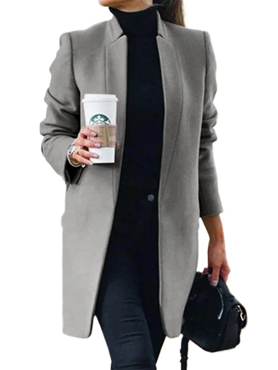 Women's Korean Style Grey Wool Blend Coat Fashion Long Warm Autumn Winter Jacket Overcoat Chic Stand Collar Outfits New