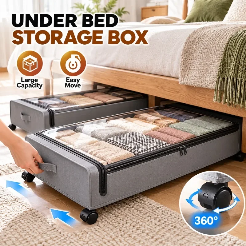 Under Bed Storage Organizer with Wheels, Clear Dustproof Zipper Box for Clothes, Throws, Bedding, Low Profile Rolling Closet Bin