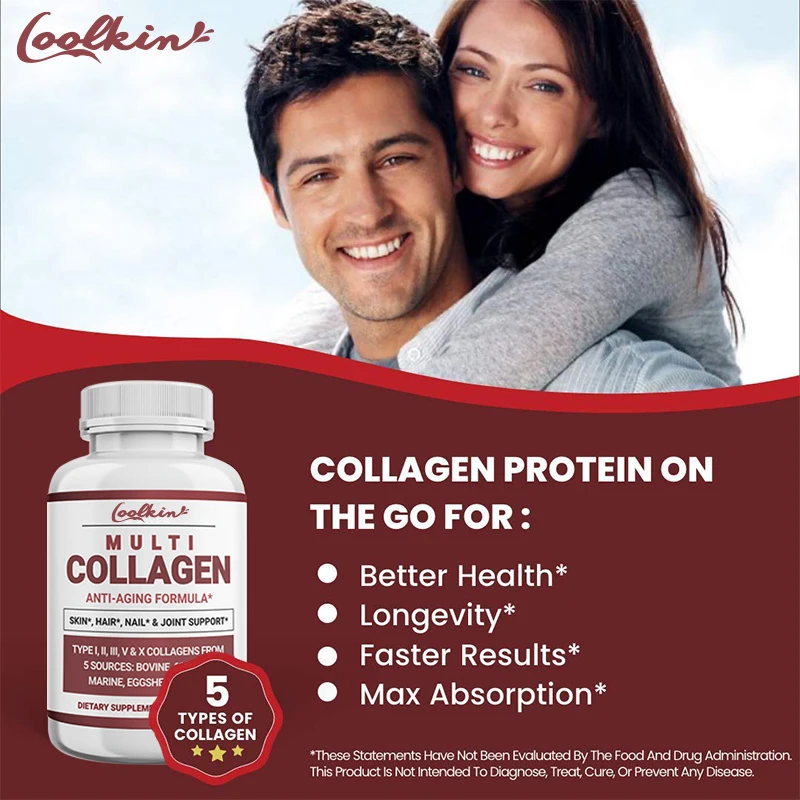 Multi Collagen Capsules (I, II, III, V, and X) - Grass Fed Collagen Peptide - Anti Aging Collagen Supplement