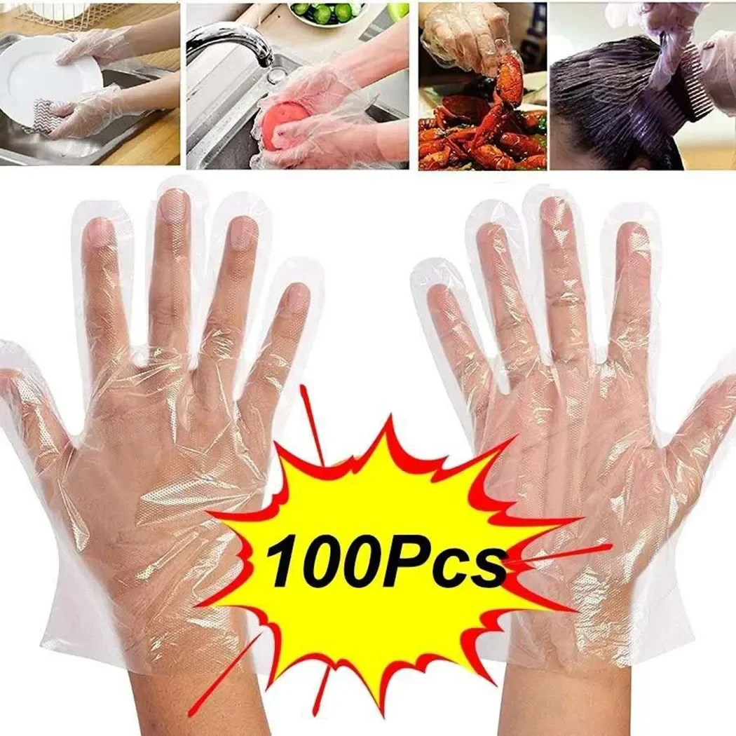 100 Pieces Transparent Disposable Gloves 24.5x13.5cm PE Household Cleaning Tools Accessories For Food Processing Nursing