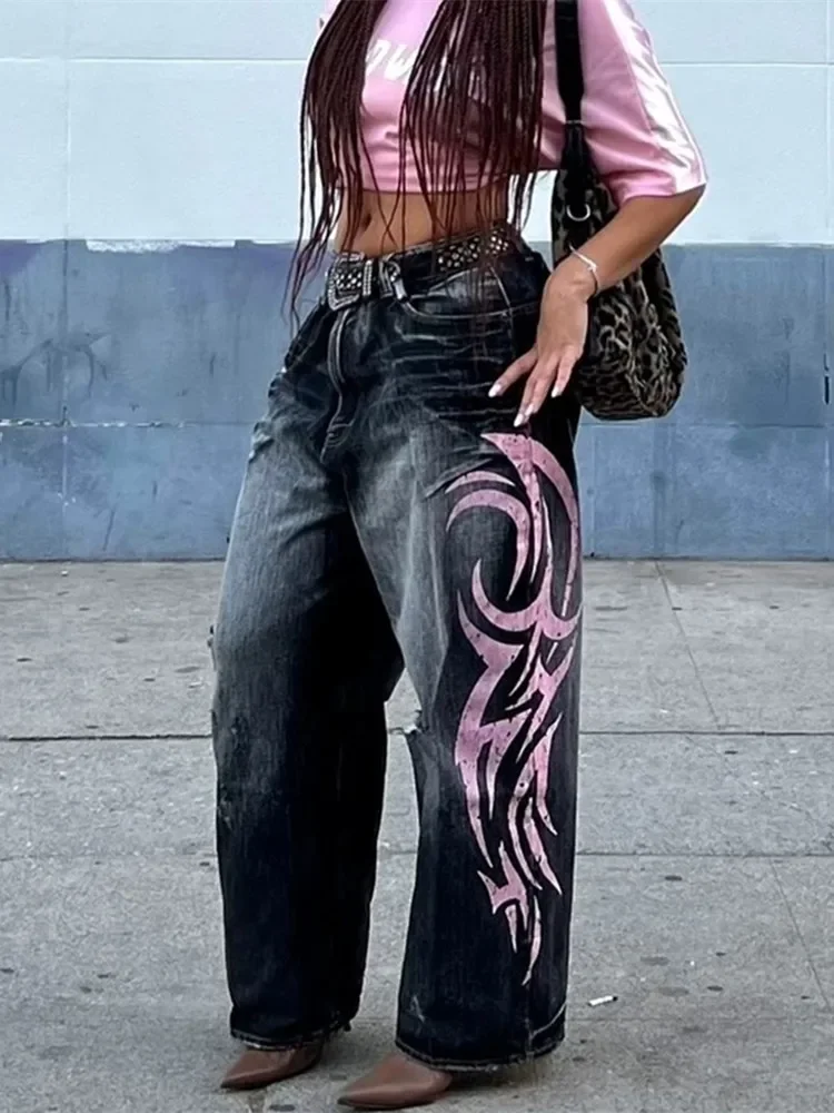 

2025 Cyber Y2K Streetwear Graphic Printed Vintage Black Baggy Ripped Jeans Pants Women Clothing New Rock Hip Hop Lady Trousers