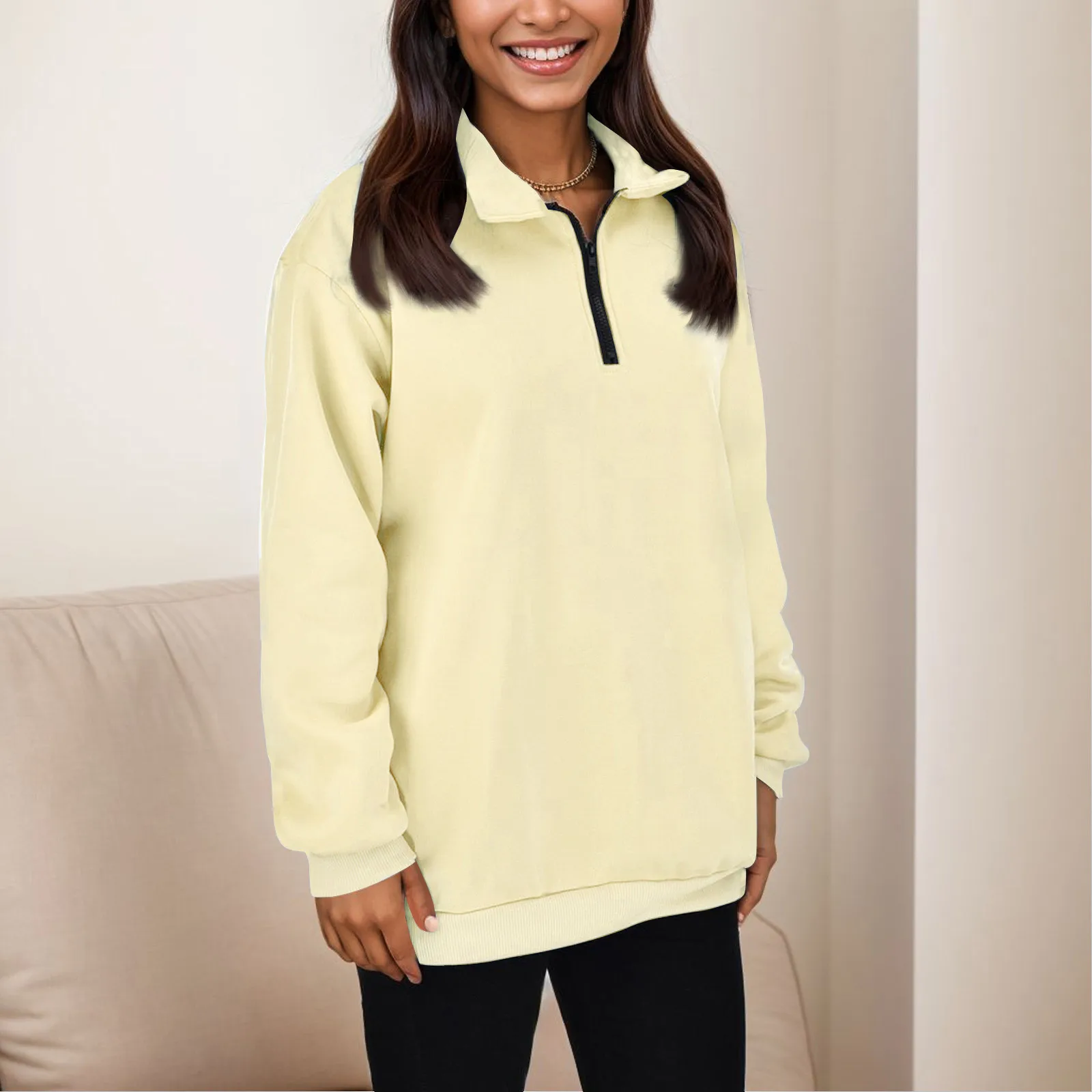 Womens Casual Long Sleeve Sweatshirt Solid Color Half Zip Drop Shoulder Quarter 1/4 Zipper Pullover Oversized Tunic Top
