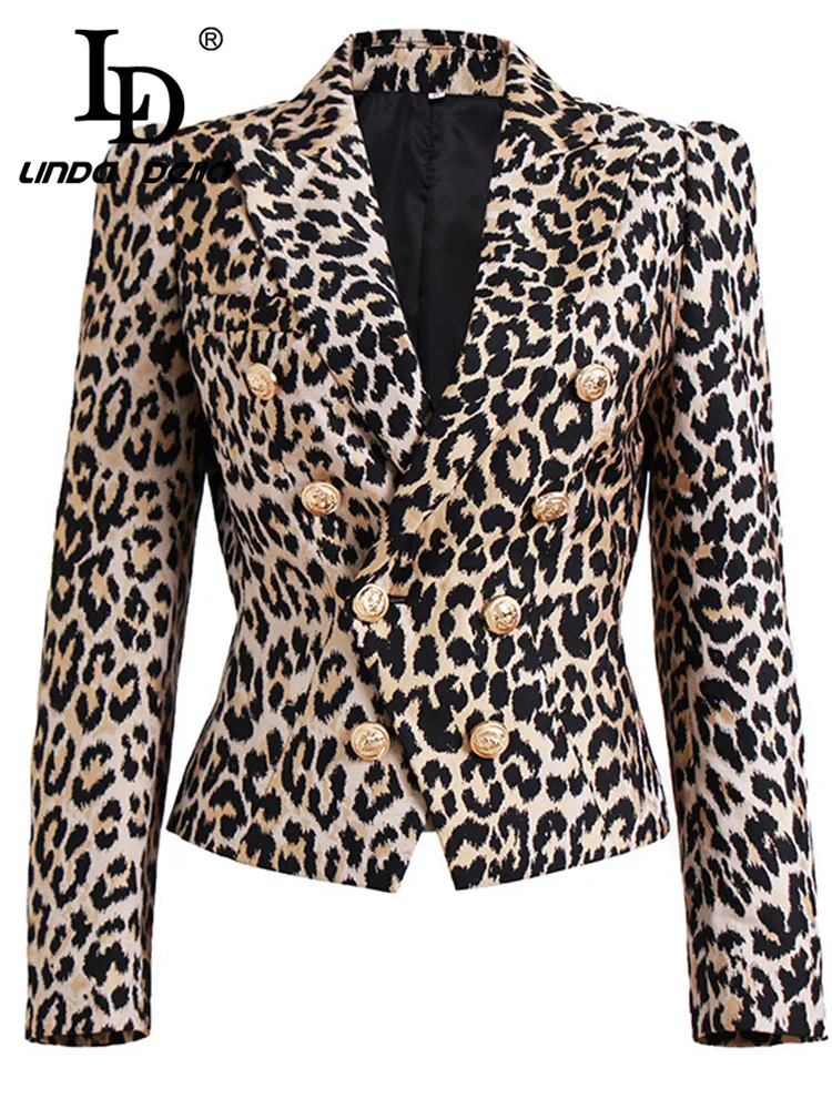 LD LINDA DELLA Autumn winter Vintage Fashion Coat Women long sleeve Leopard Print Double-breasted Intersect Slim Fit Travel Coat