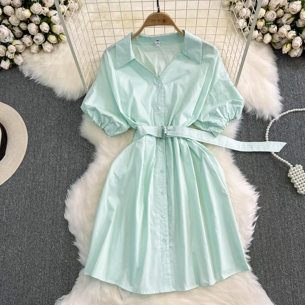 ssTss 夏の女性のシャツドレス無地ポロ襟半袖弾性ウエストシングルブレスト A ラインカジュアル女性ドレス