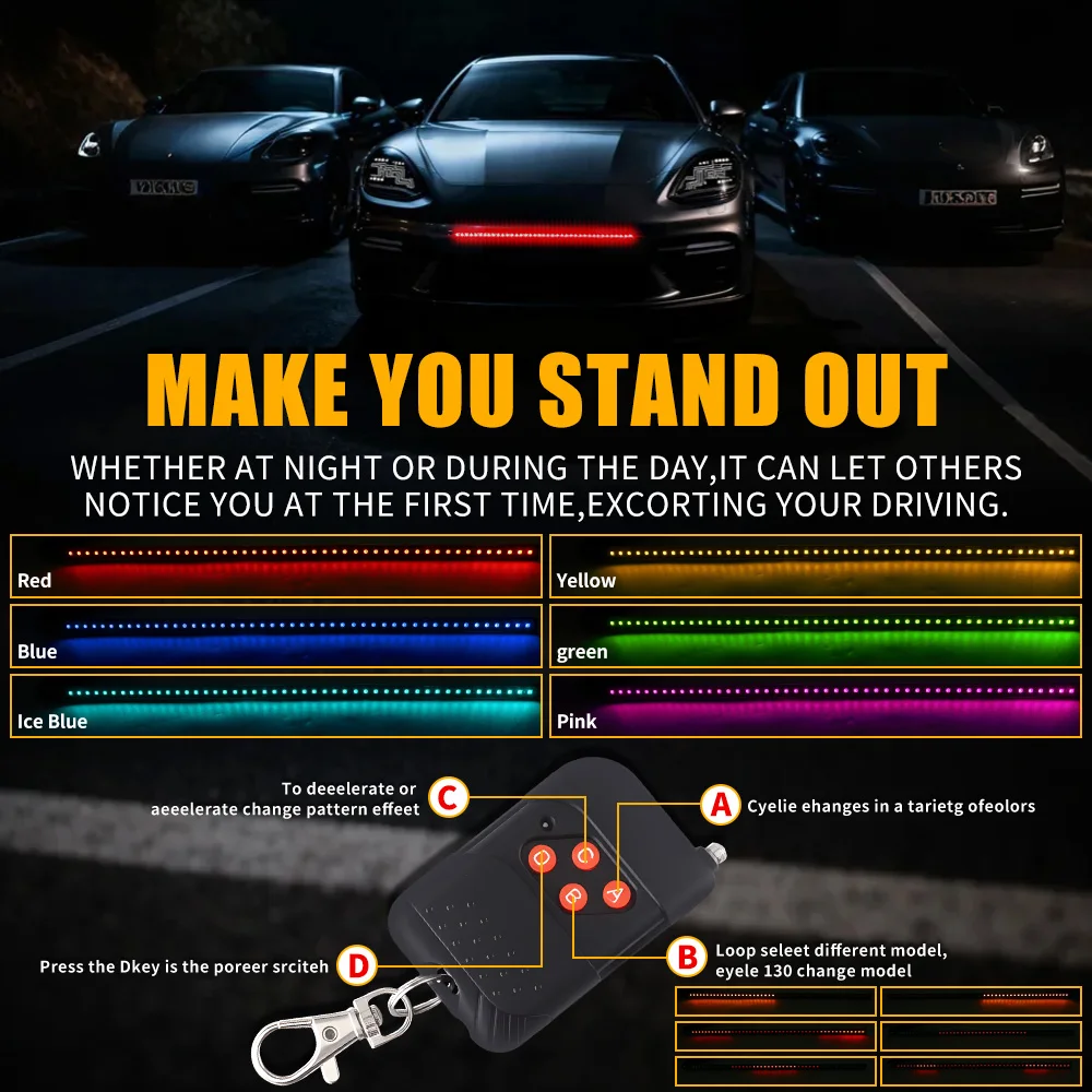 22Inch RGB Car Exterior Knight Rider Scanner Light  Night Luminous Grille Strip with Flash Warning Lamp 12V with Remote Control