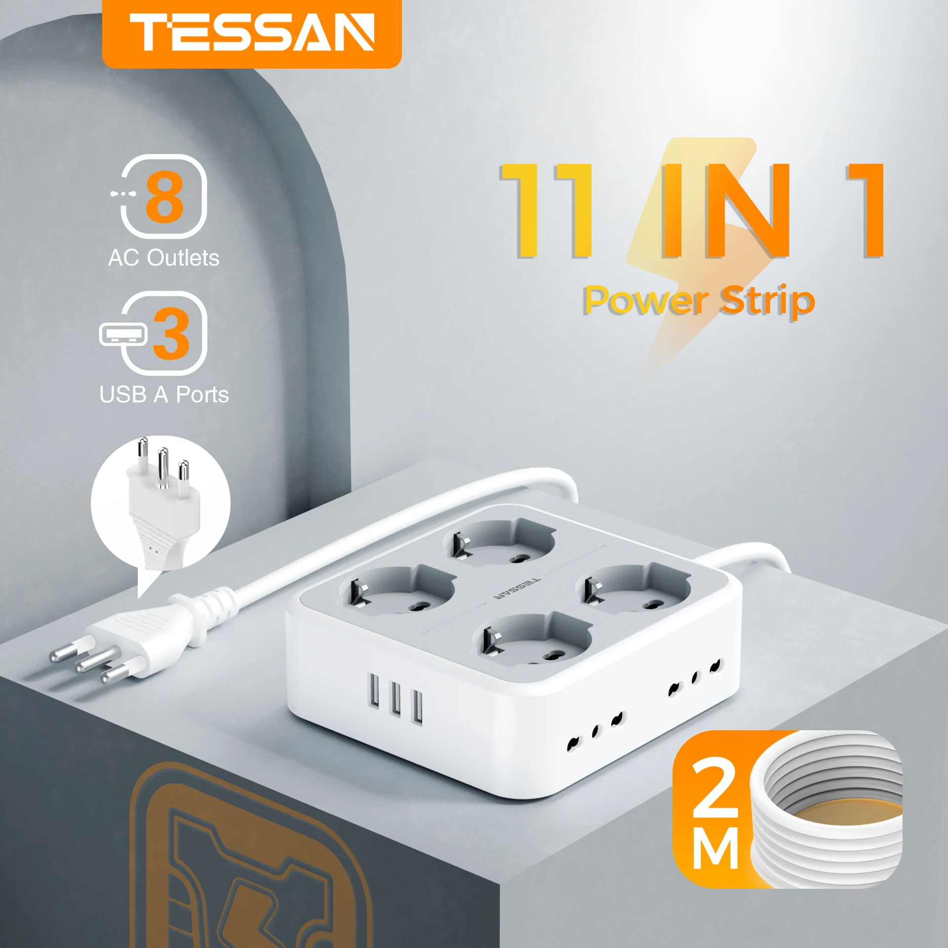 TESSAN Multiple Socket Power Strip with 8 Outlets 3 USB Port Italy Plug Socket with 2M Extension Cord Switch Overload Protection