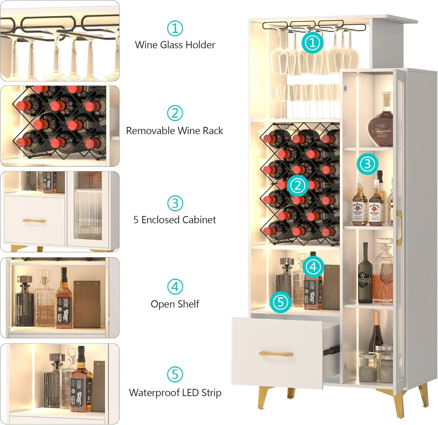 Vlsrka Armadietto per vino da liquore a LED, armadietto per vino con porta USB, armadietti da bar per portabottiglie da 18 bottiglie e 3 portabottiglie, alto