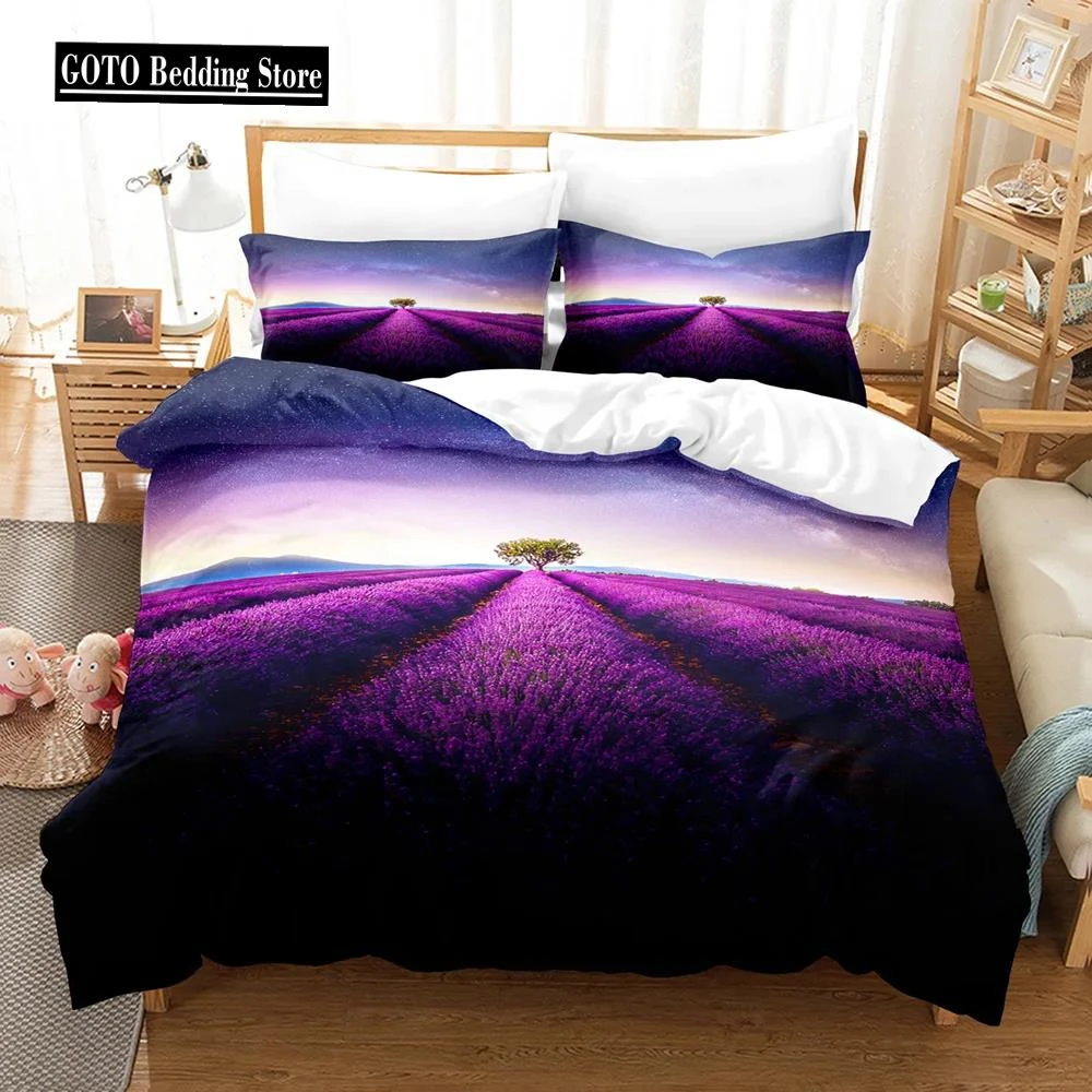 

Lavender Bedding Duvet Cover +pillowcases Pastoral Village Purple/ Field Comforter Cover Sets 2/3 Pcs Microfiber Bed Set King