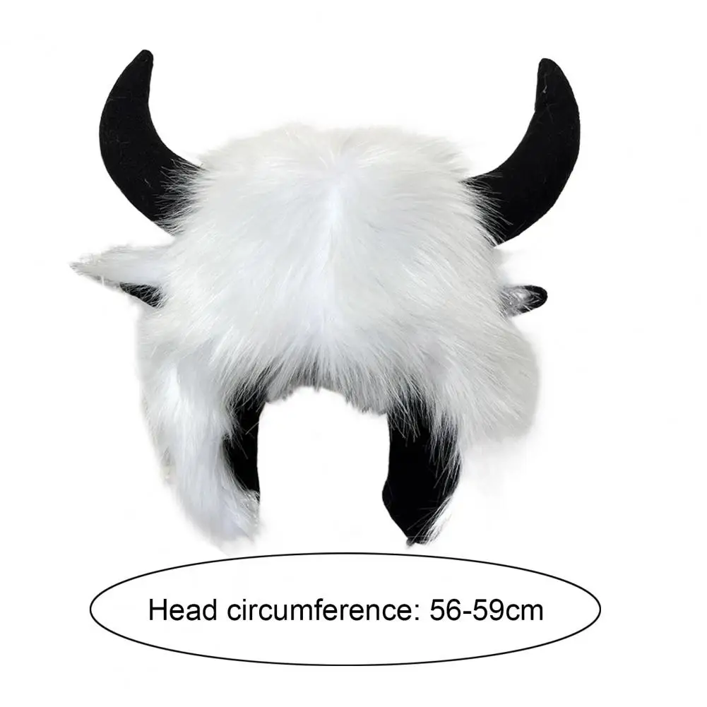 Thermal Hat Fluffy Faux Fur Winter Hat with Cow Horn Decor Thunderbolt Design Unisex Windproof Cap for Men Women Cosplay Photo