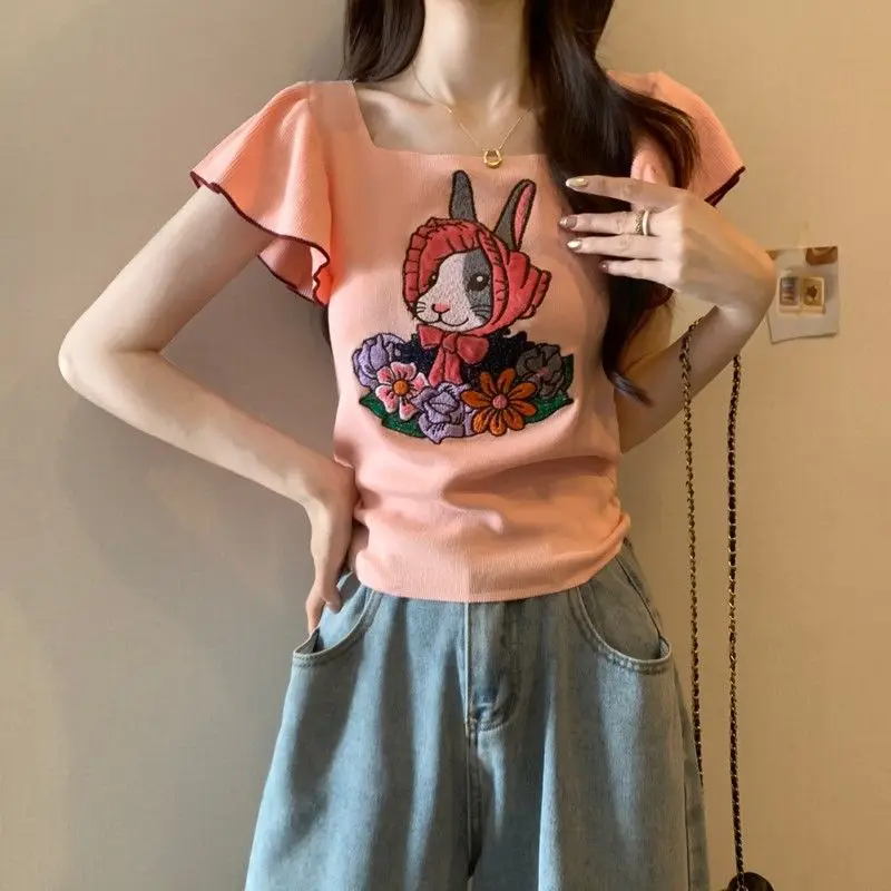 

Women Knit Top Rabbit Pattern Square Neck Sweater Korean Fashion Vintage Casual Flutter Sleeve Summer Clothing