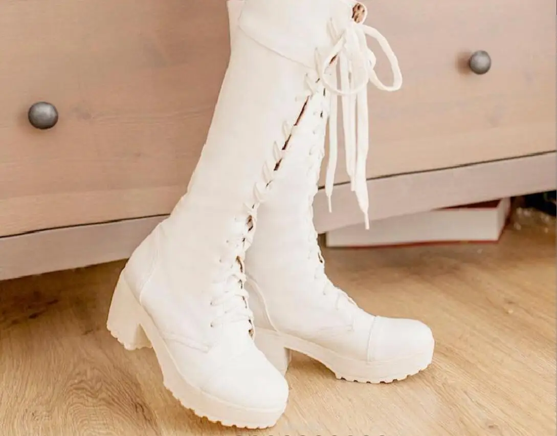 Women Over The Knee Boots Pu Leather Warm High Shoes for Women Casual Lace-Up Keep warm Pointed Toe Elasticity Boots Large size