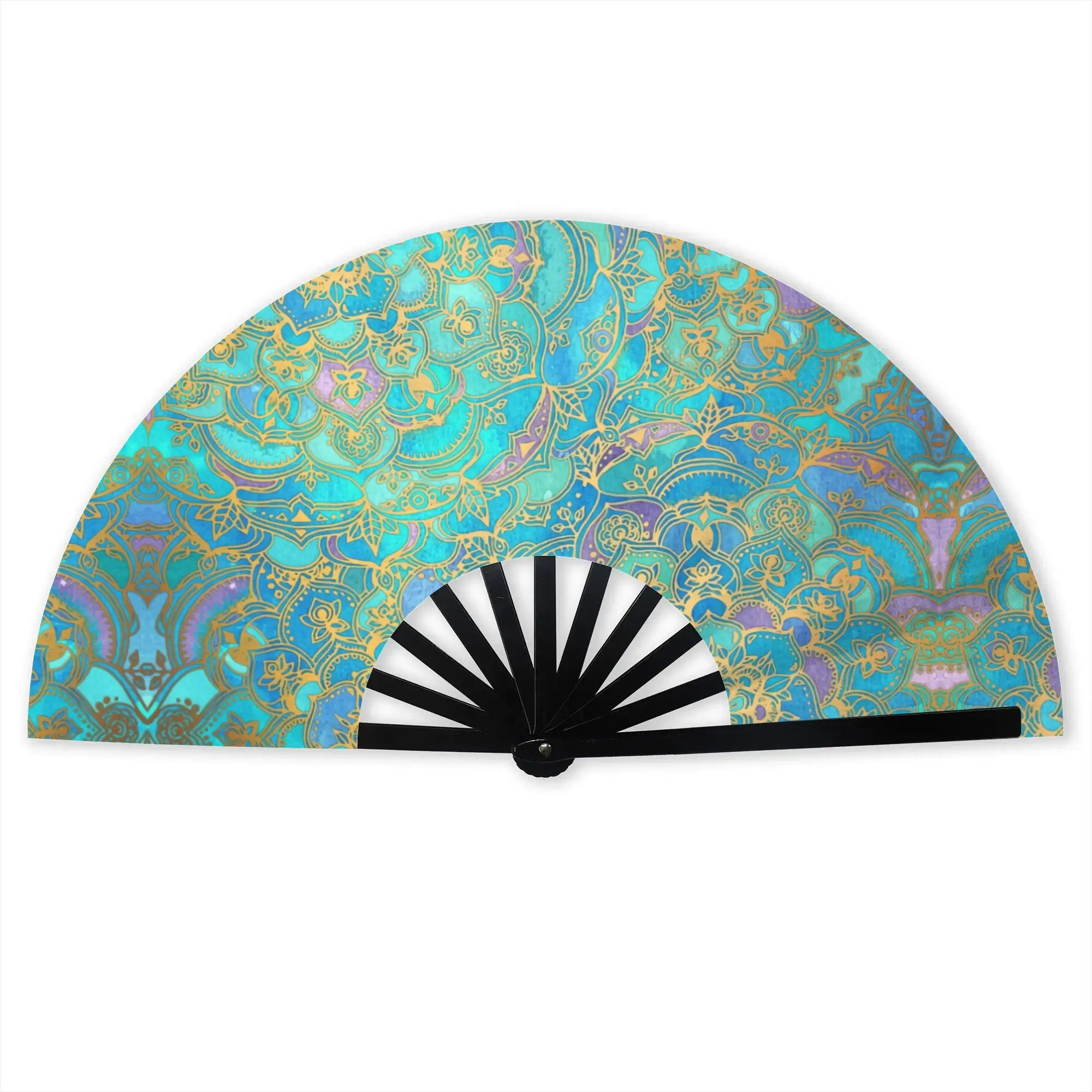 Sapphire Jade Stained Glass Mandala Stylish Hand Fan Unisex Bohemian Boho Printed Polyester Fan Vintage For Wedding Party Gift
