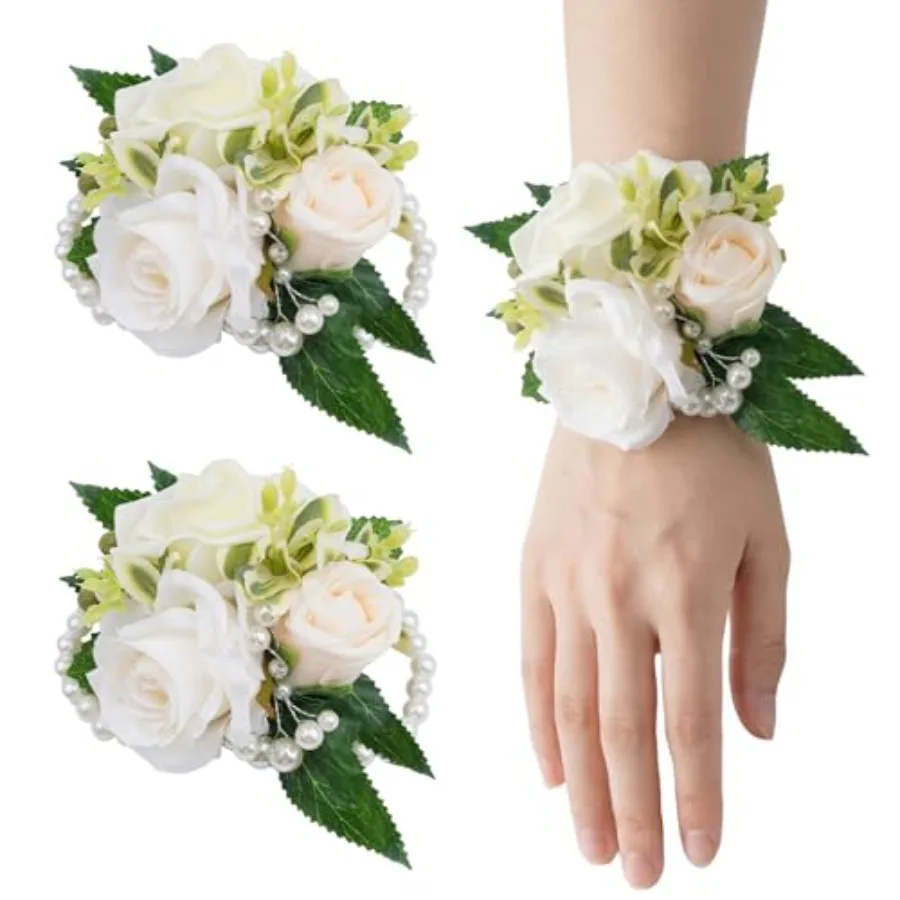 2 Pcs Prom Wrist Corsage Artificial Flowers Faux Pearl Bride Bridesmaid Bracelet for Prom Decor Wedding Anniversary Party Suit