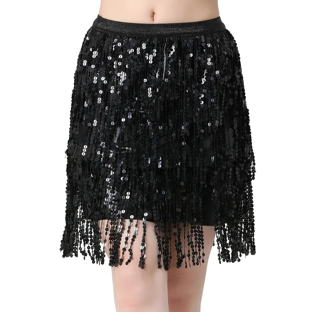 Elegant Latin Belly Dance Sequins Tassel Skirts For Women Mid-rise Solid Slimming India Dancewear Stage Performance Outfits