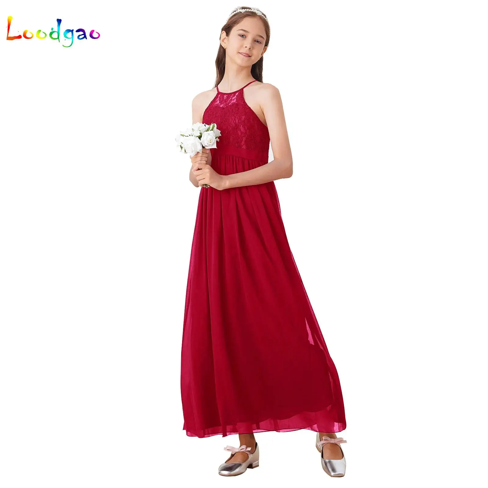 Girls Lace Chiffon Flower Girl Dress Sleeveless Elegant Princess Pageant Wedding Bridesmaid Birthday Party Long Gown Vestido
