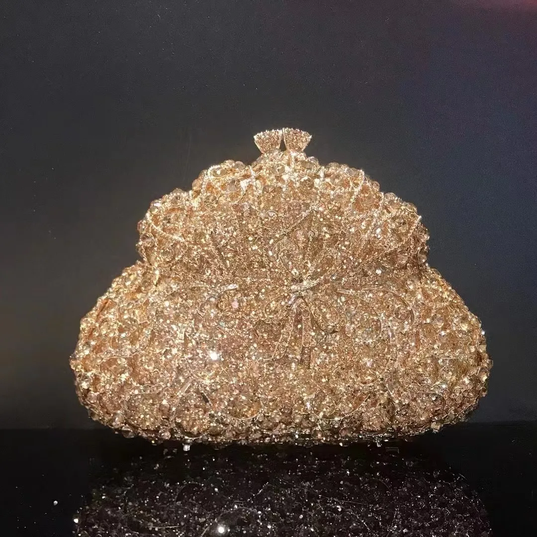 Gold Rhinestone Little Bow Evening Wedding Bridal Clutches Luxury Women Diamond Party Purse Lady Crystal Dinner Banquet Bags