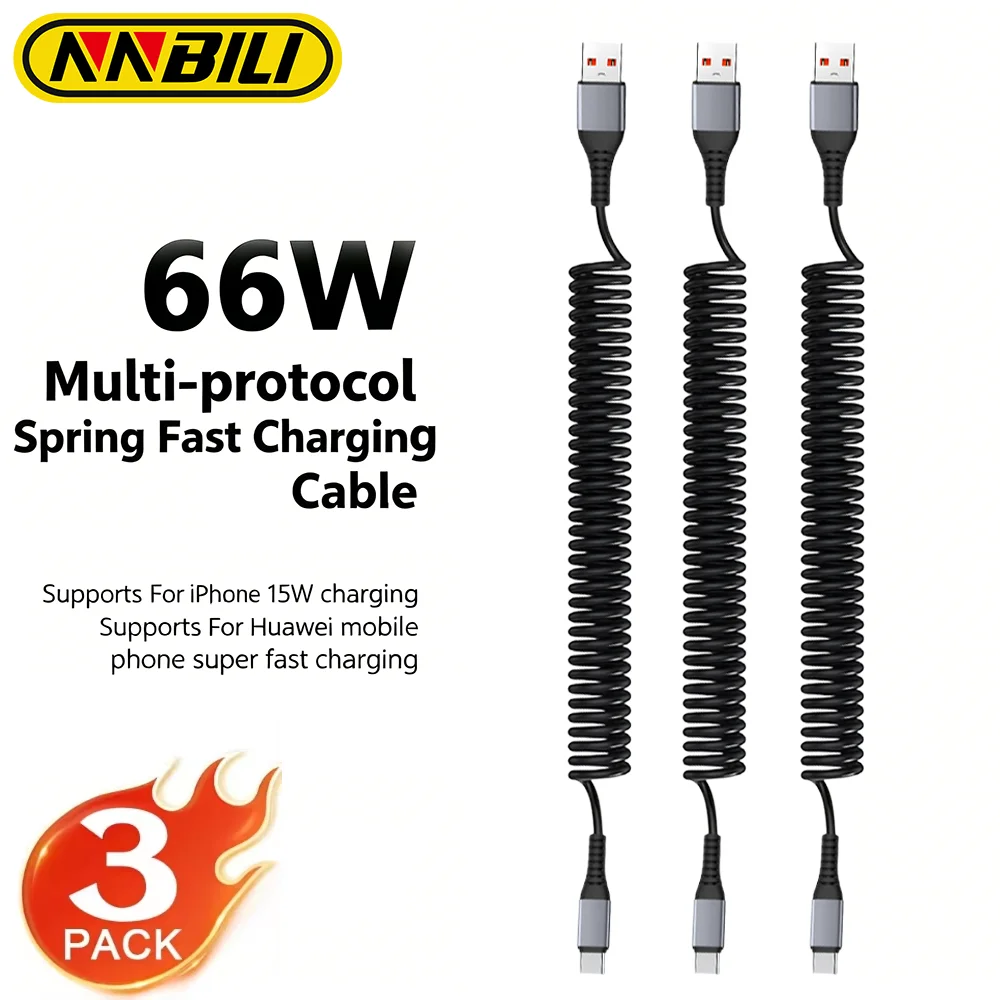 NNBILI 1/3pcs 66W Car Spring Data Cord 6A Short Fast Charging Wire USB A TO Type C Cable For Huawei Xiaomi Samsung Type c Cable