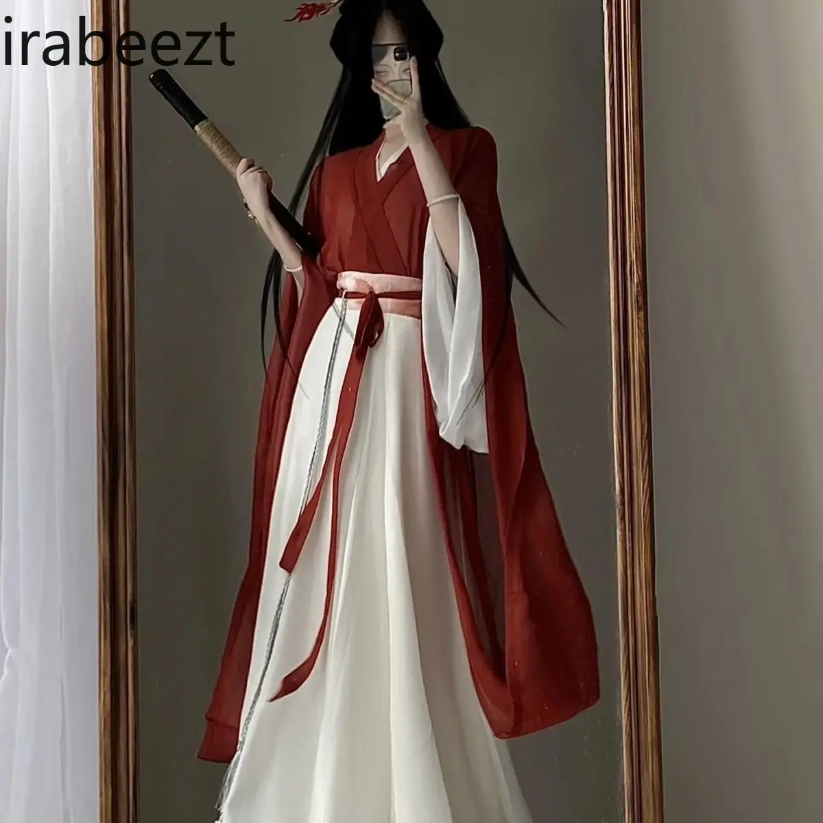 

Платье ханьфу в древнем стиле - топ с перекрестным воротником и широкими рукавами и 8-панельная юбка с высокой талией, традиционный китайский костюм с принтом чернильного красителя