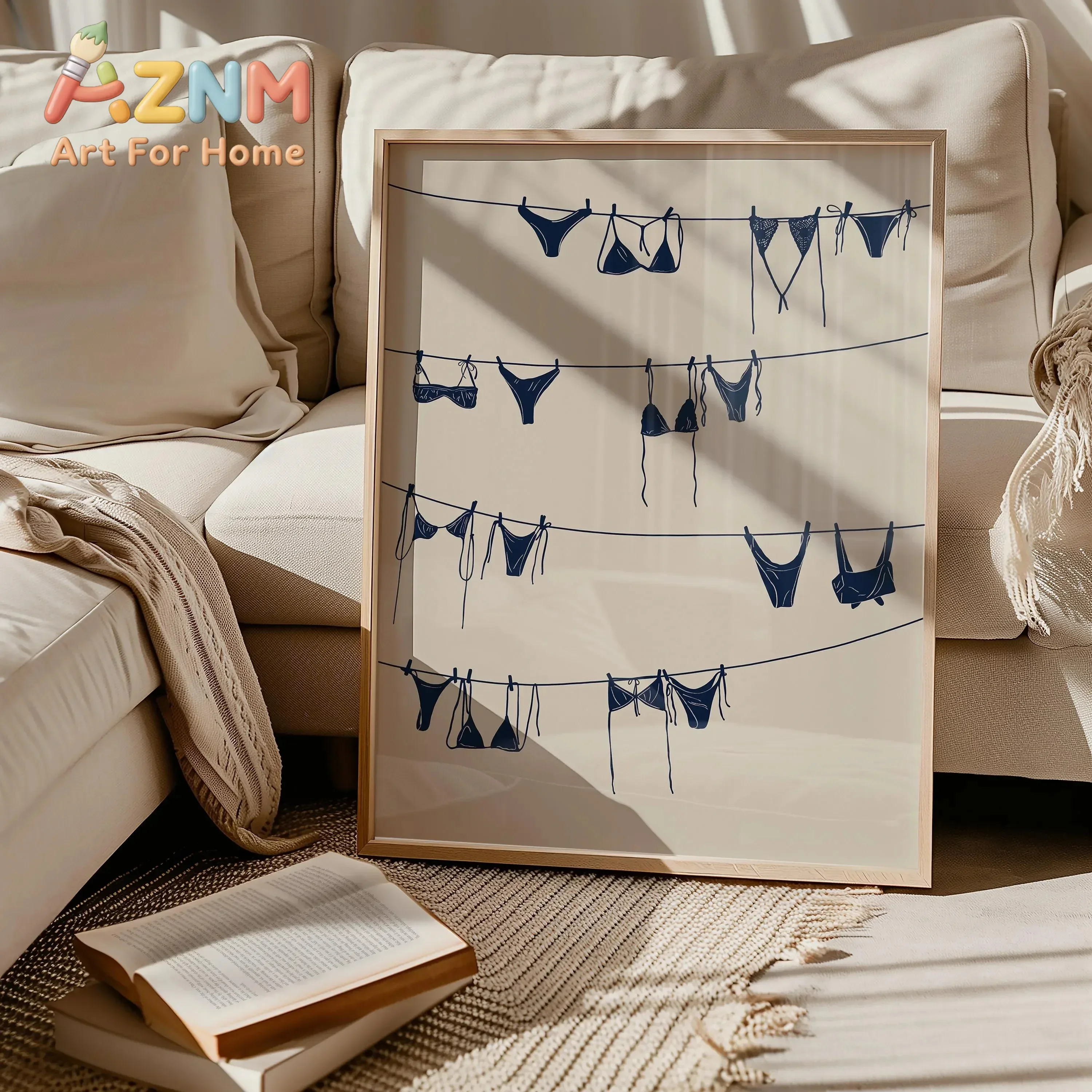 Dark Blue Bikinis Wall Art Print, Bathing Suit Poster, Blue Beachy Prints, Coastal Cowgirl Wall Art, College Apartment Decor