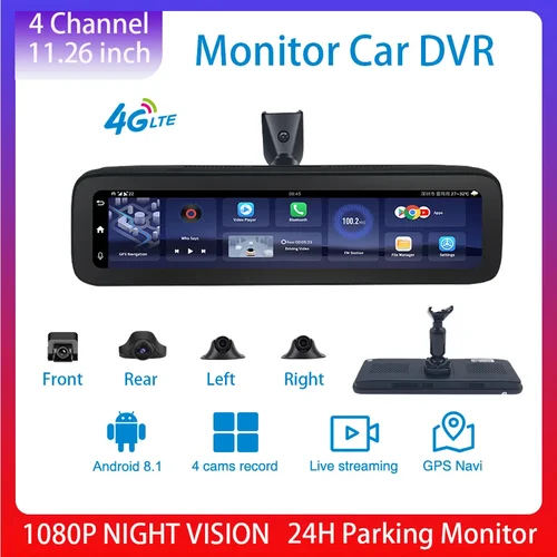 4 렌즈 360 ° 미러 카메라, 안드로이드 대시 캠 지지대, 4G HD 1080P 자동 카메라, GPS 와이파이 ADAS 자동차 DVR, 후면보기 포함, 11.25 인치, 2GB + 32GB