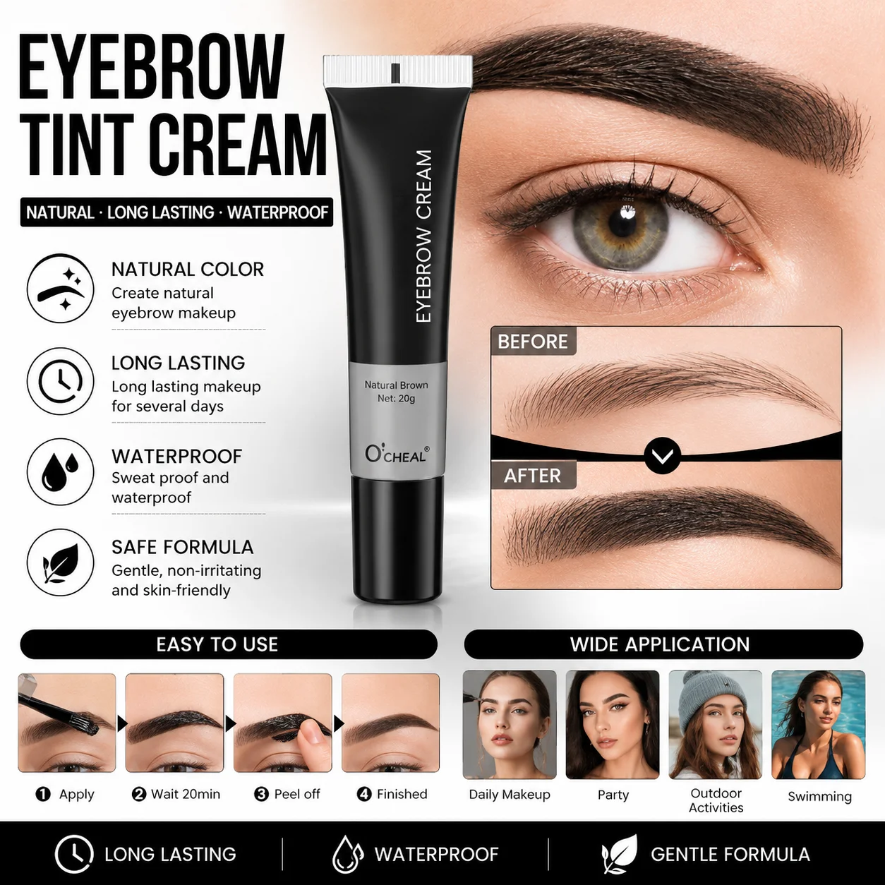 Waterproof Semi Permanent Eyebrow Tint Cream Long Lasting Peel Off Brow Dye Gel Sweatproof Makeup for Brows