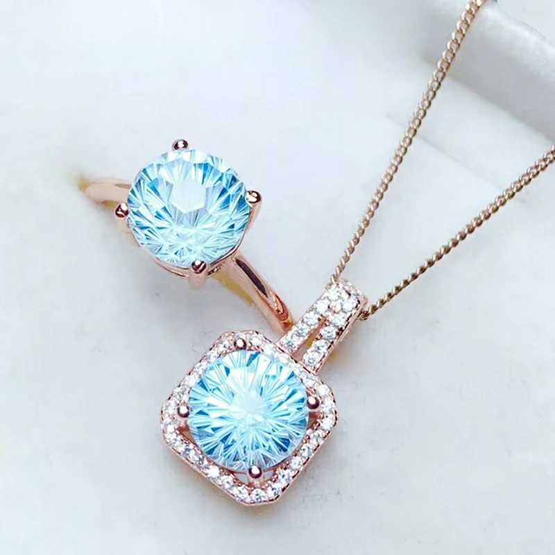 MeiBaPJ ธรรมชาติดอกไม้ไฟ Sky Blue Topaz เครื่องประดับชุดแหวนเงินแท้925จี้สร้อยคอ2ชุดเครื่องประดับสำหรับผู้หญิง