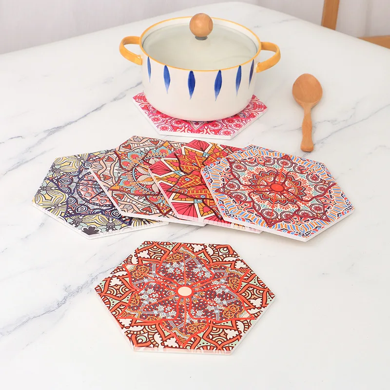 

4pcs Mandala Patterned Ceramic Meal Mat 17.5cm Hexagonal European Large Heat Resistant Mats with Cork Base