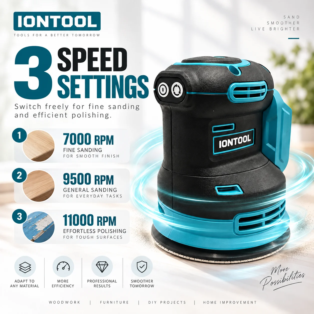 IONTOOL Handheld Cordless Sander 180mm For Picture Frame Resurfacing and Bookshelf Edge Sealing and Table Corner Buffing