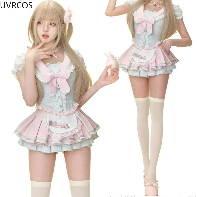 일본 패션 카와이 2 피스 세트 여성 스위트 보우 선원 칼라 탑 딸기 케이크 미니 스커트 여성 하라주쿠 Y2k 로리타 슈트