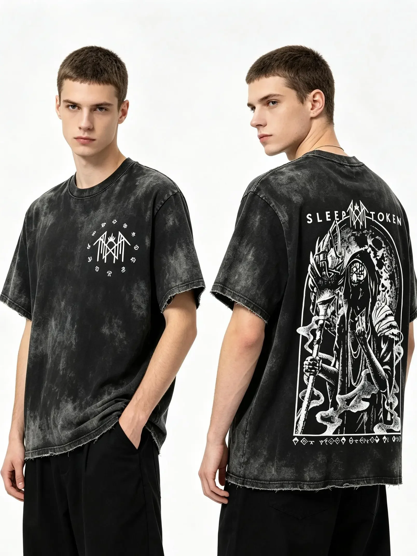 Menswear Short-Sleeve T-Shirt - [BT] Sleep Token Dark Mystic Figure with Staff & Sigils, Unisex Fit, Gothic Rock Occult Streetwear Top, Casual Concert Ready Gift for Music Lovers, Shortsleeve, Tshirt