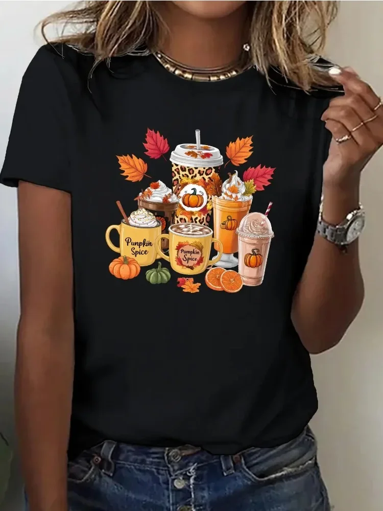 

Женская футболка с рисунком Тыква Специи Латте Черная с оранжевыми осенними листьями Свободный повседневный топ Four Seasons с забавным принтом