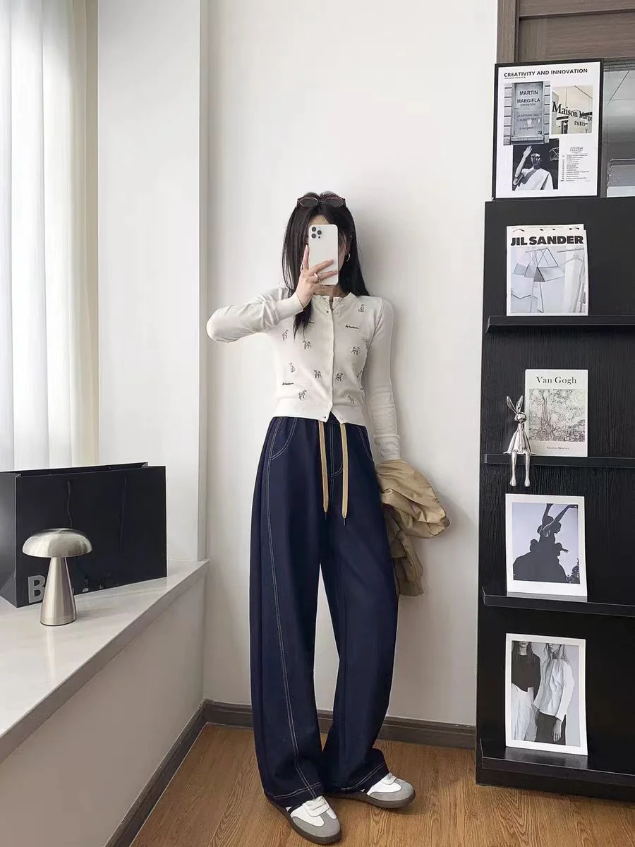 بنطلون جينز أزرق مستقيم الساق للنساء، مقاس كبير جديد، تصميم نحيف على شكل كمثرى، سروال واسع الساق بخصر عالٍ وطويل