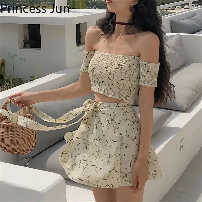 Summer Floral 2 Piece Sets Outfits Sexy Slash Neck Off Shoulder Shirt Crop Top&High Waist Mini Skirt Small Girl 2pc Dress Suits