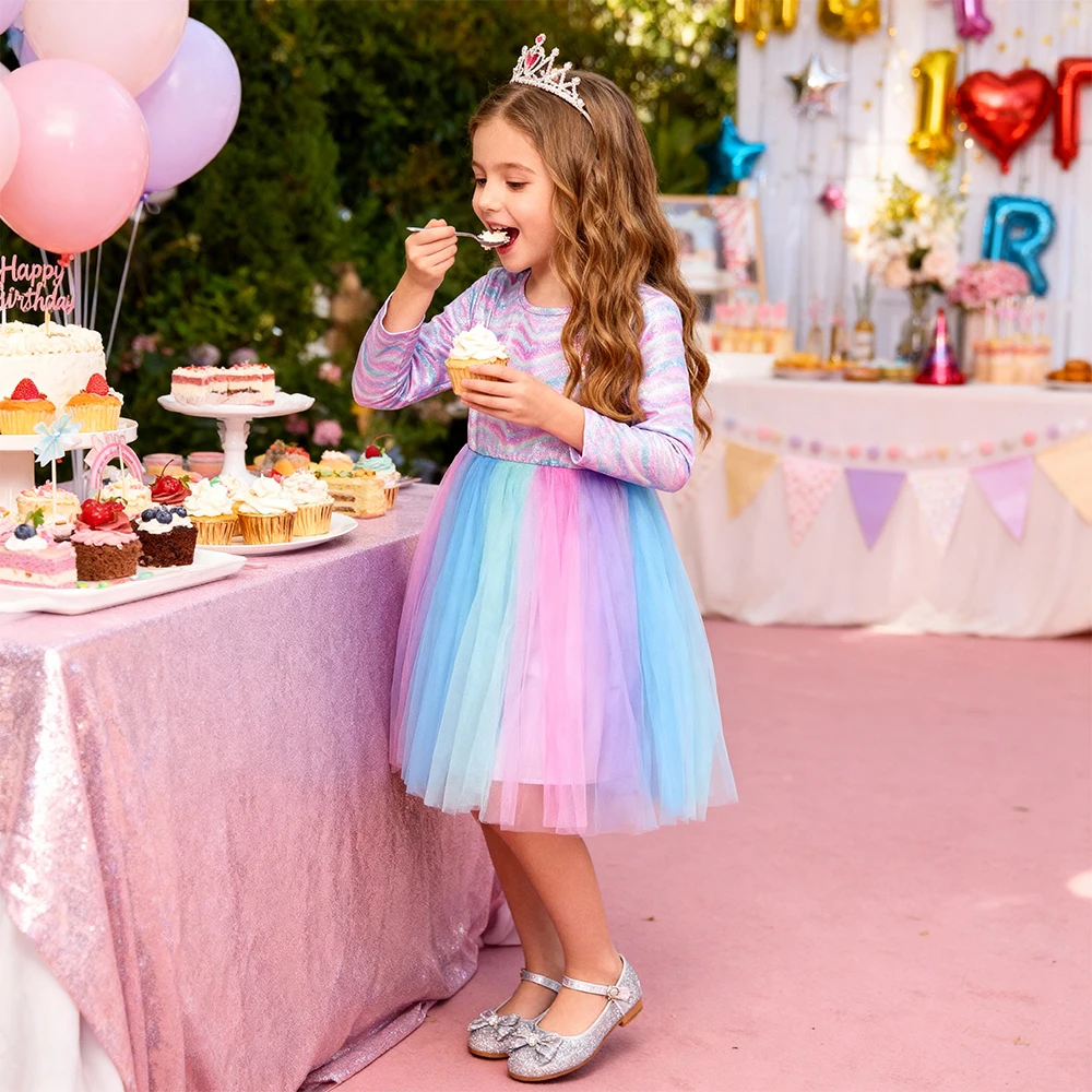 DXTON Baby Kids Dress Gradient Striped Elegant Children Birthday Party Dress Ball Gown Mesh Wedding Girls Princess Tutu Dress