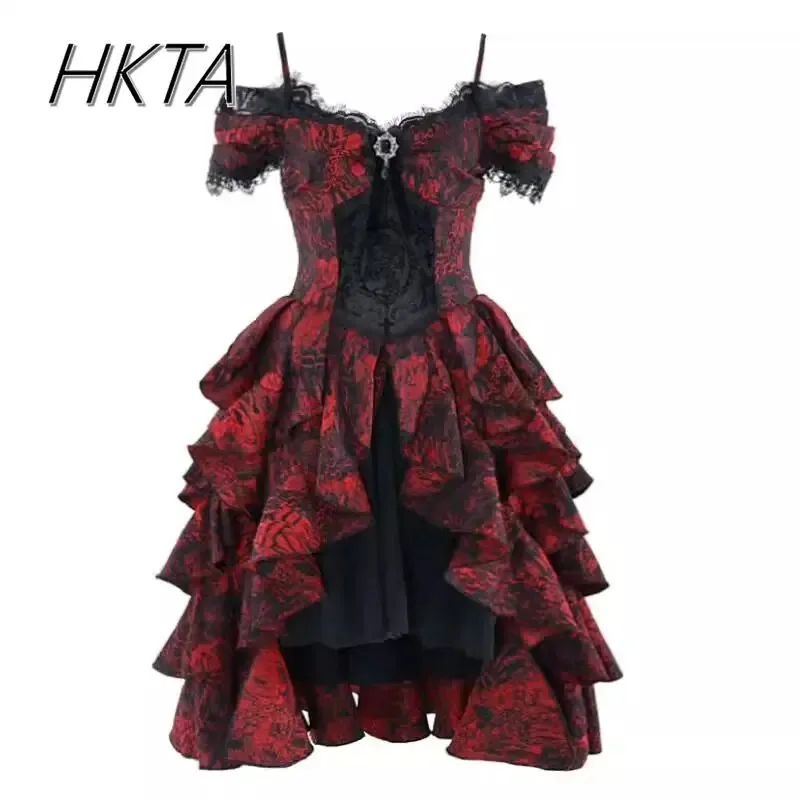 

DY20Gothic Black and Red Jacquard Off Shoulder Ruffle Pleated Dress 2025 Summer New Sweet Fresh Lolita A-line Women's Lolita Dre