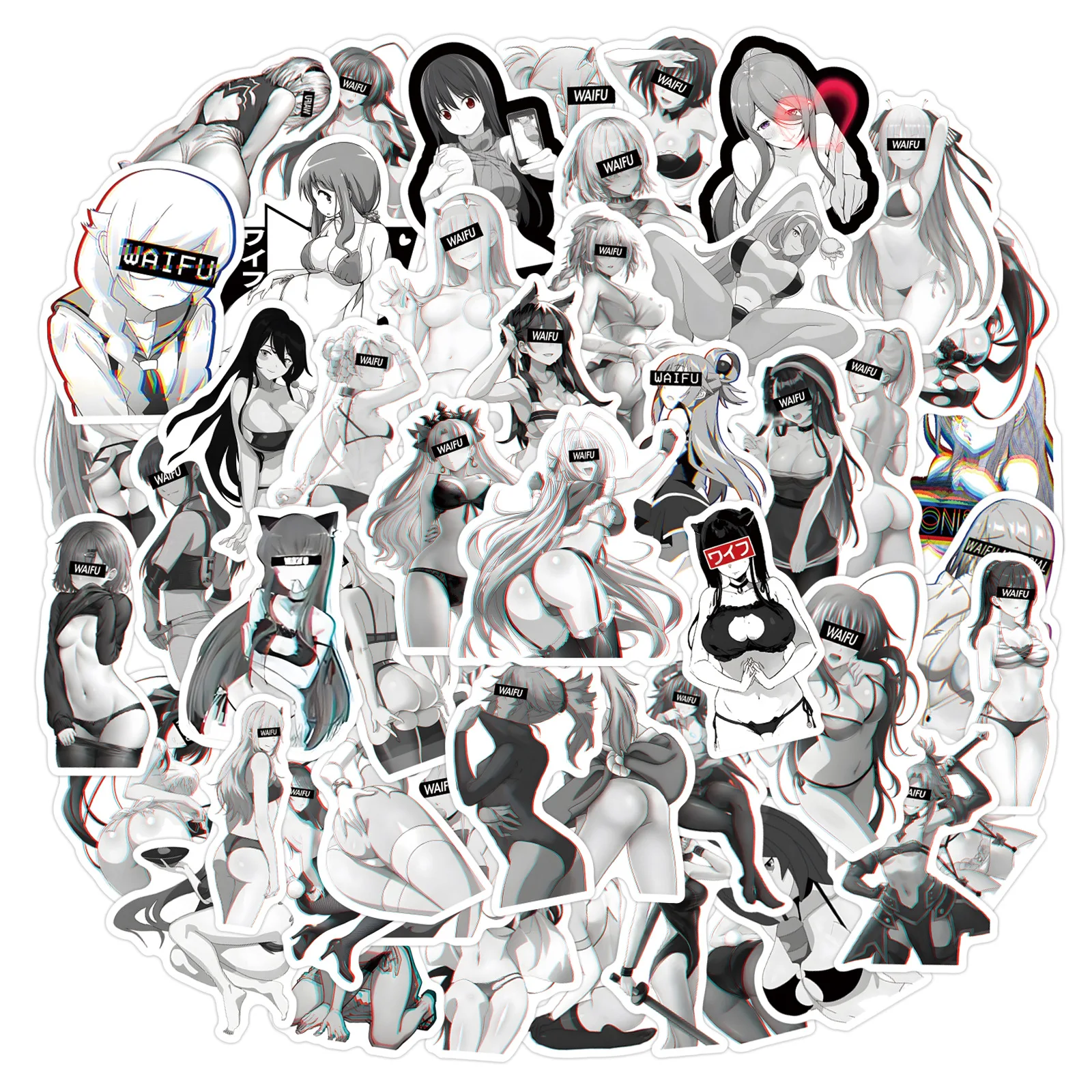 55pcs Cartoon Black White Anime Sexy Girl Stickers DIY Scrapbooking Handbook Phone Water Cup Waterproof Stickers Decals