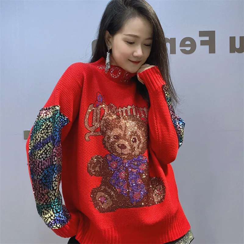 Turtleneck Sequined Long-Sleeved Knitted Top 2023 Autumn Winter Women\'s Clothing Loose Cartoon Hot Rhinestone Pullover Sweater